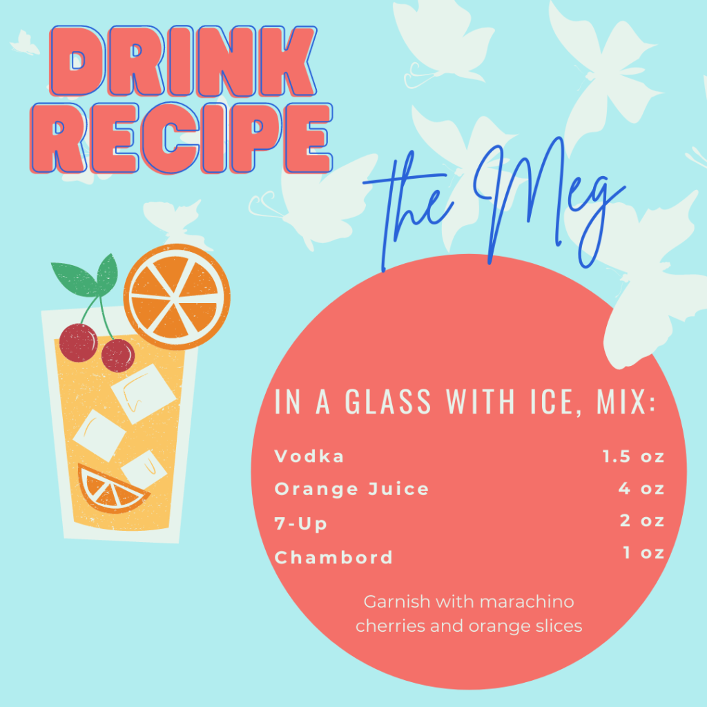 Drink Recipe for The Meg:
In a Glass with Ice, mix:
1.5 oz Vodka
4 oz Orange Juice
2 oz 7up
1 oz Chambord
Garnish with a marachino cherry and orange slices